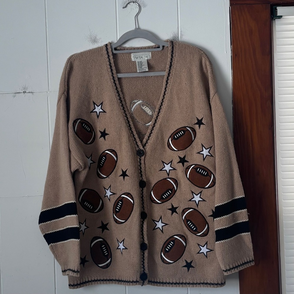 Vintage Mandal Bay‎ Womens XXL Tan Football Star Cardigan Sweater